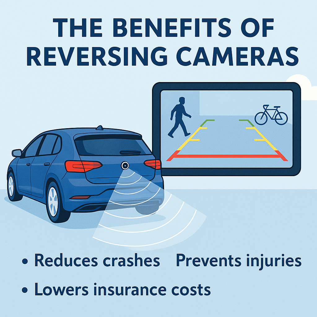 The benefits of reversing cameras, Reduces crashes, prevents injuries, Lowers insurance costs