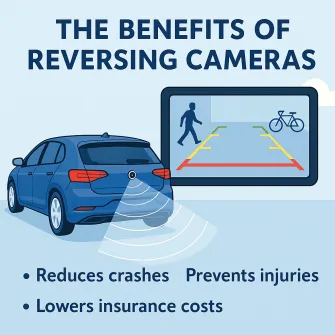 The benefits of reversing cameras, Reduces crashes, prevents injuries, Lowers insurance costs
